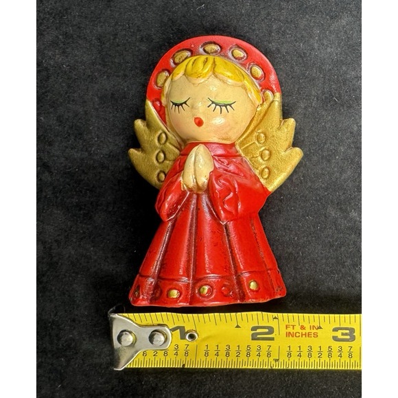 Vintage Christmas Angel Figurines Pair Red Gold Praying Mid Century Mod Retro - Picture 7 of 7